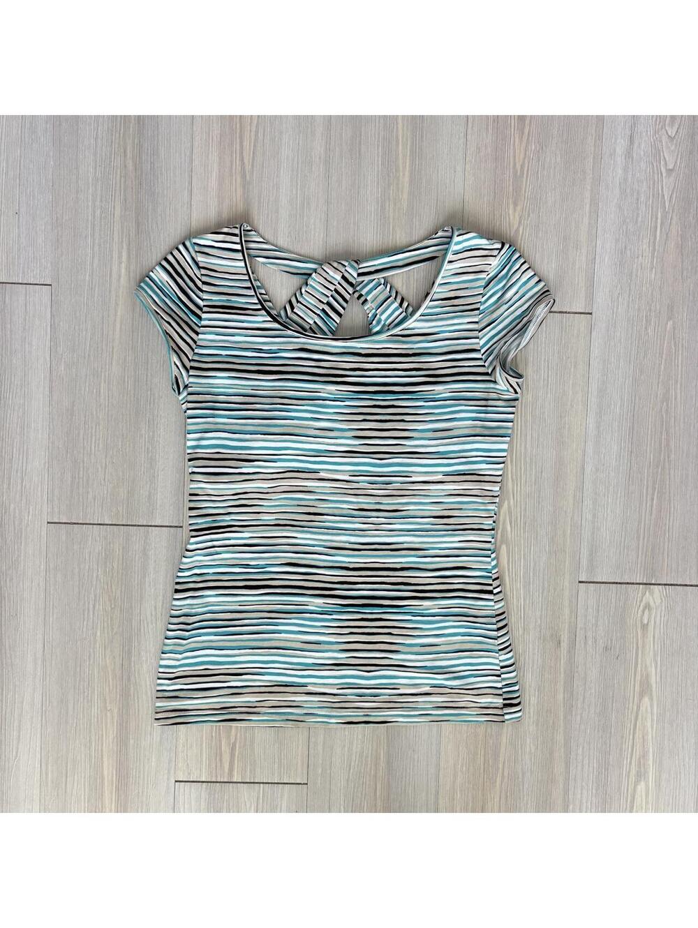Lafayette 148 New York Petite Size P Striped Short Sleeve Cutout Top Teal Beige
